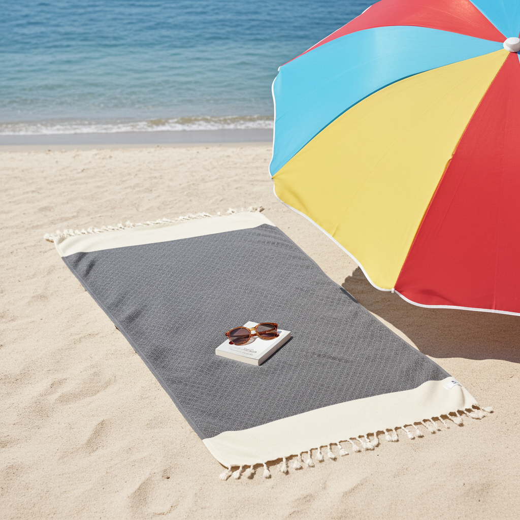 Diamond Turkish Beach Towel with End Border – 100% Cotton, Black