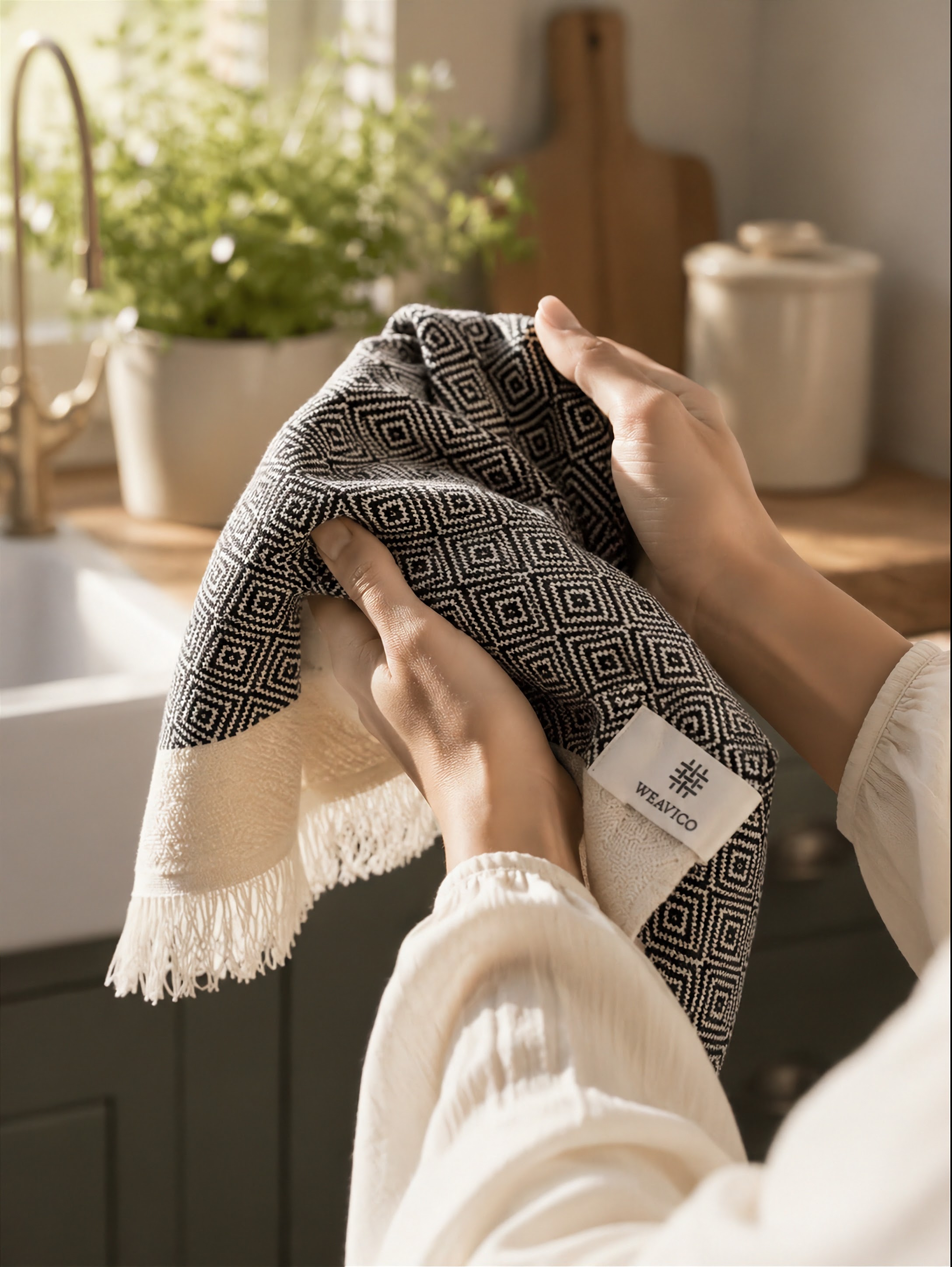 Diamond Turkish Tea Towel with End Border – 100% Cotton, Navy