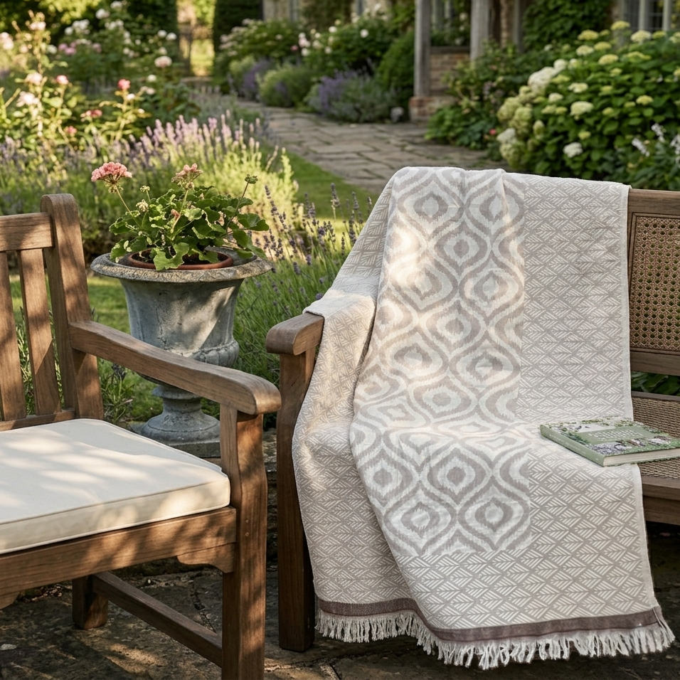 Stylish beige cotton throw blanket with geometric patterns, ideal for outdoor seating.