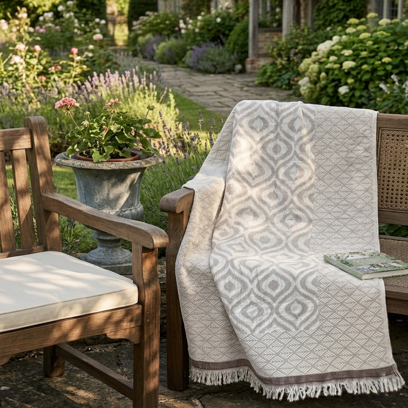 Stylish beige cotton throw blanket with geometric patterns, ideal for outdoor seating.