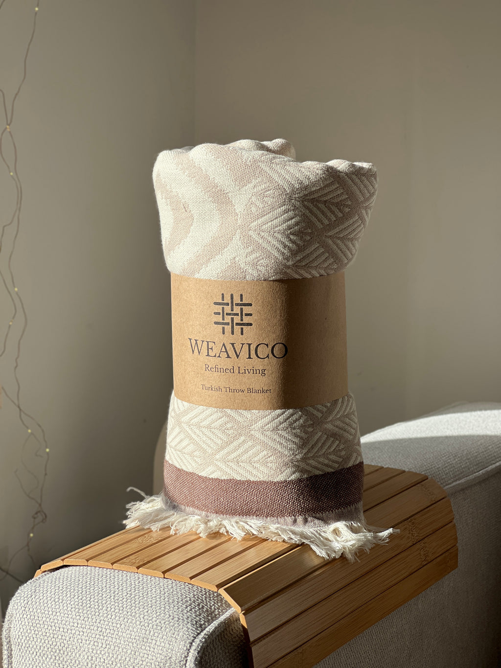 Beige and Brown Stripe Pattern Turkish Throw with Tassel detail and Weavico Label