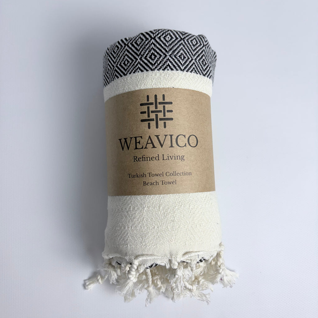 Diamond Turkish Towel with End Border – 100% Cotton, Black