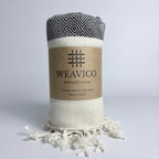 Black and White Diamond Pattern Turkish Towel with End-Border Design and Weavico Label