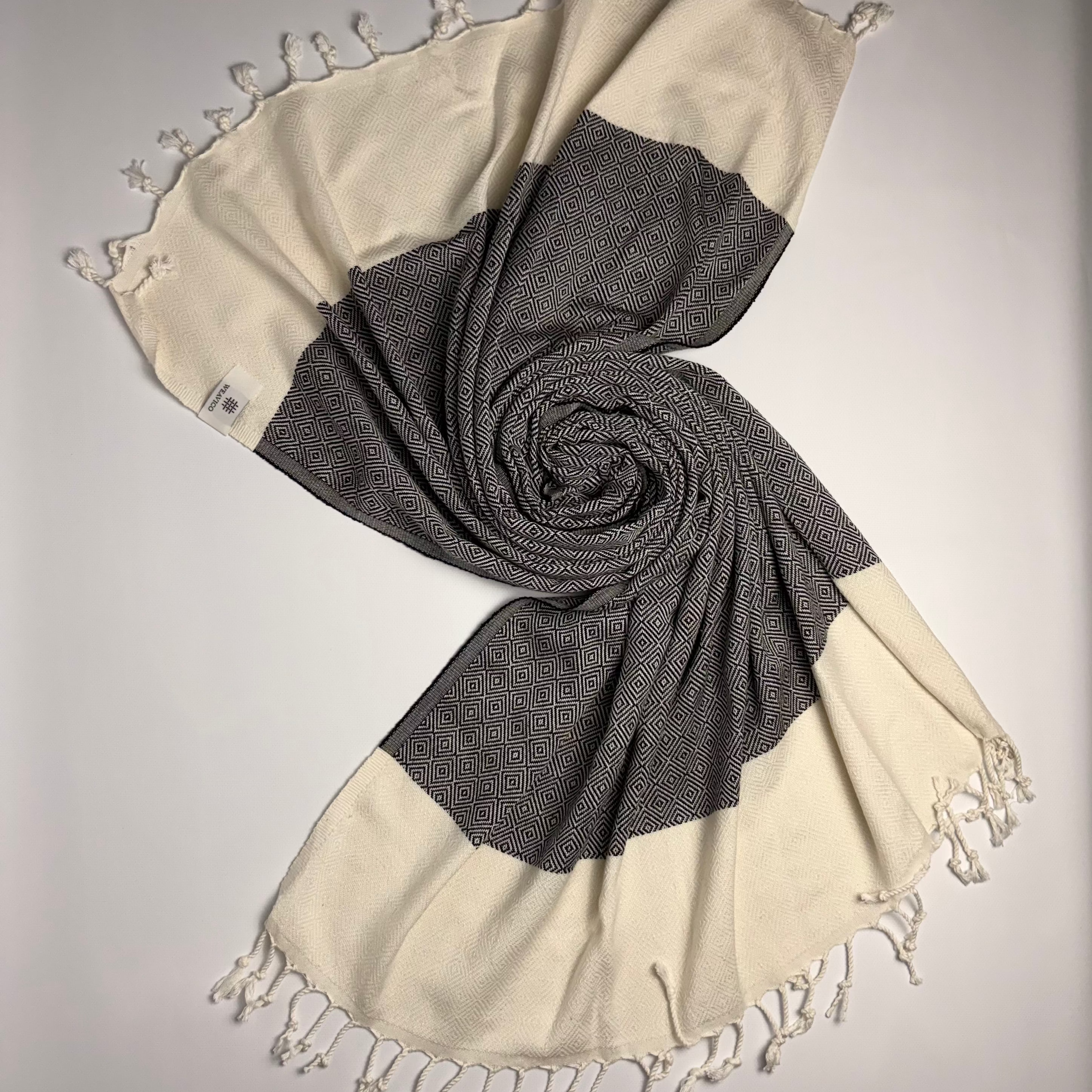 Diamond Turkish Towel with End Border – 100% Cotton, Black