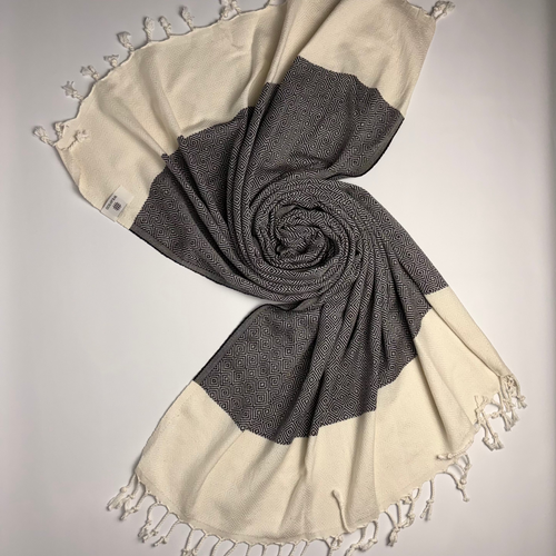 Diamond Turkish Towel with End Border – 100% Cotton, Black