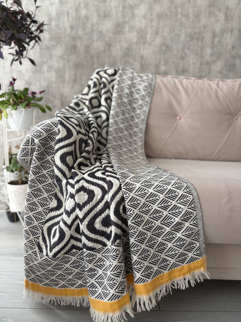 Turkish Throw Blanket – 100% Cotton, Black-Mustard