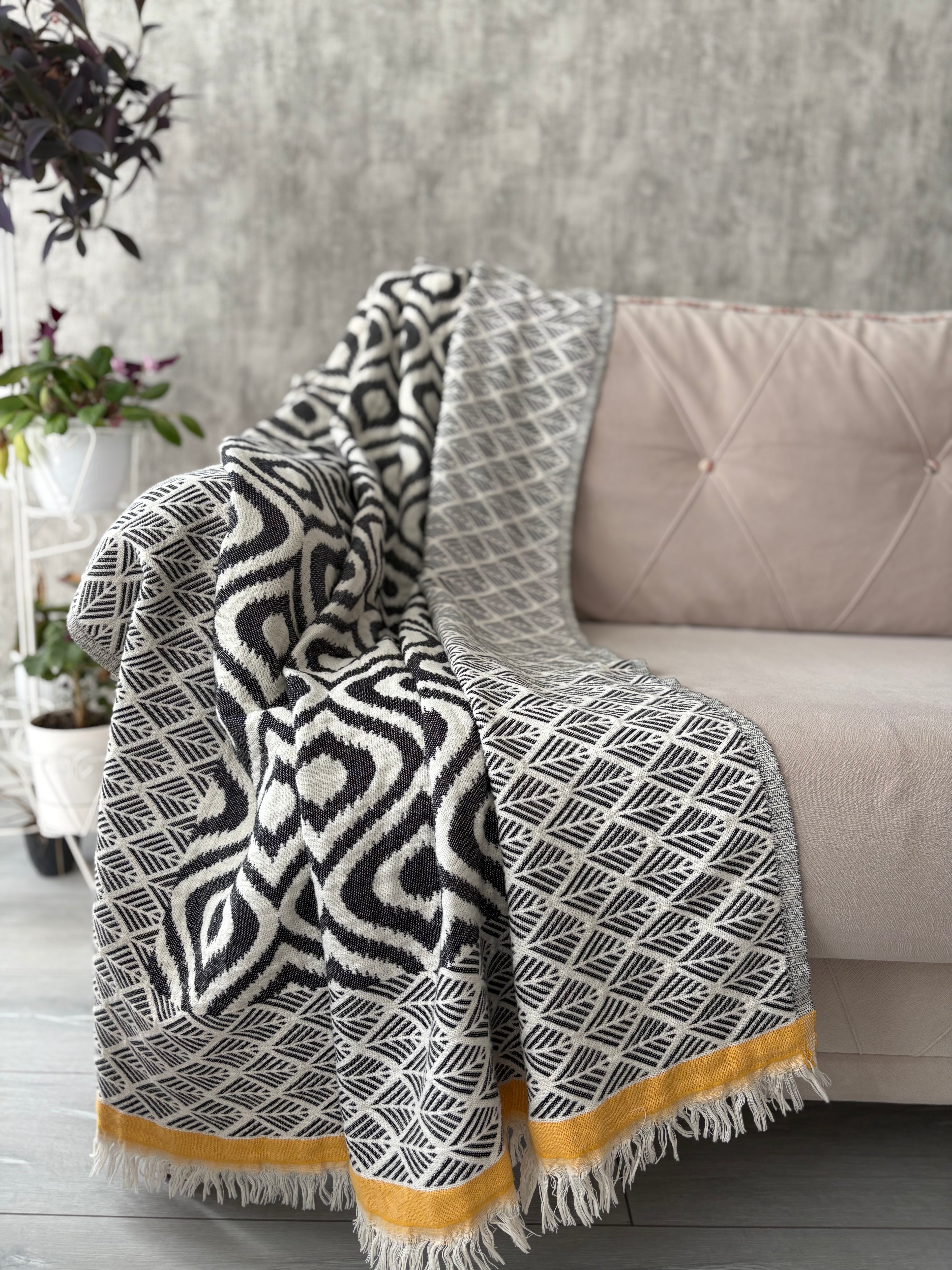 Turkish Throw Blanket – 100% Cotton, Black-Mustard