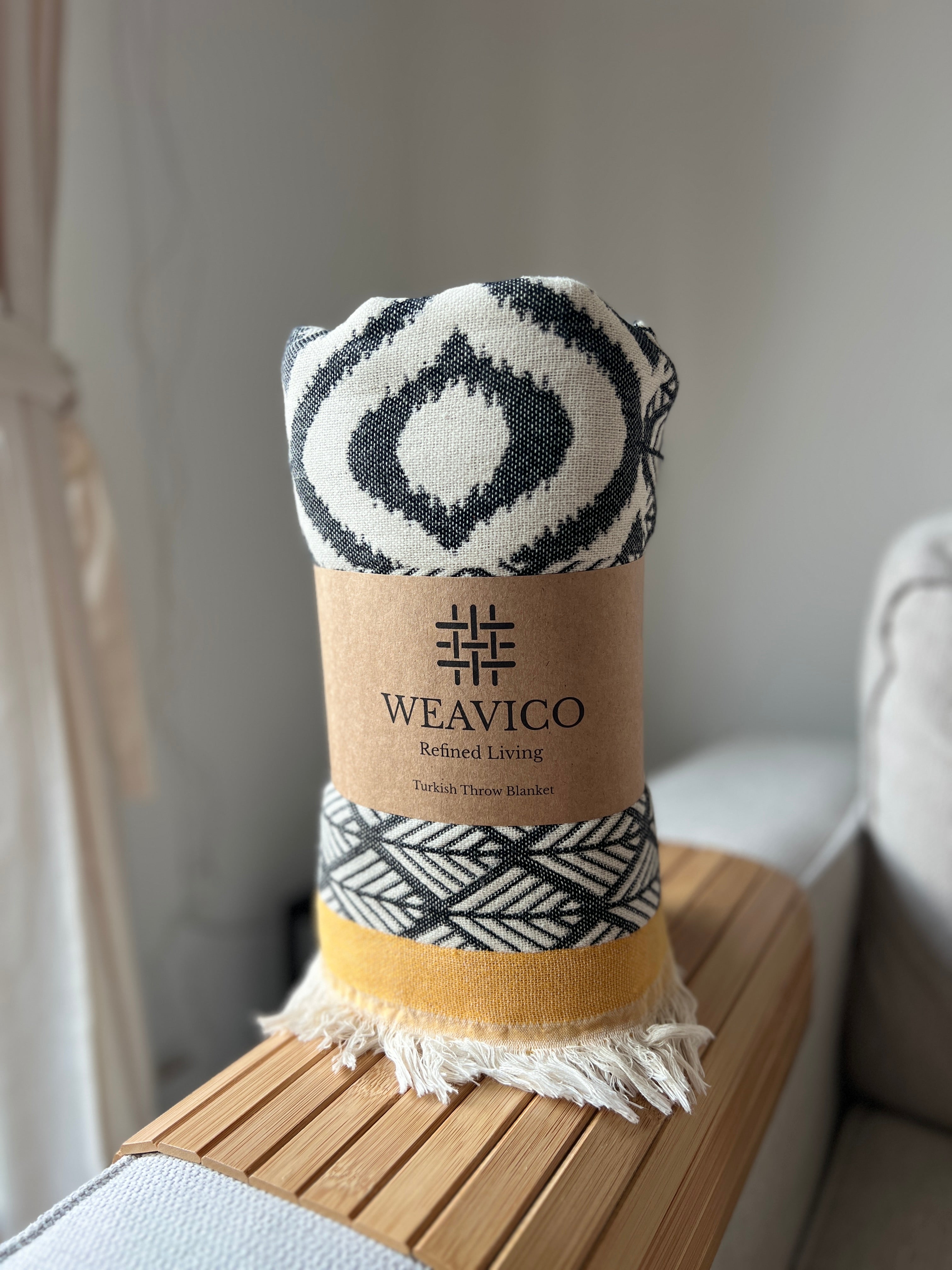 Black and Mustard Stripe Pattern Turkish Throw with Tassel detail and Weavico Label