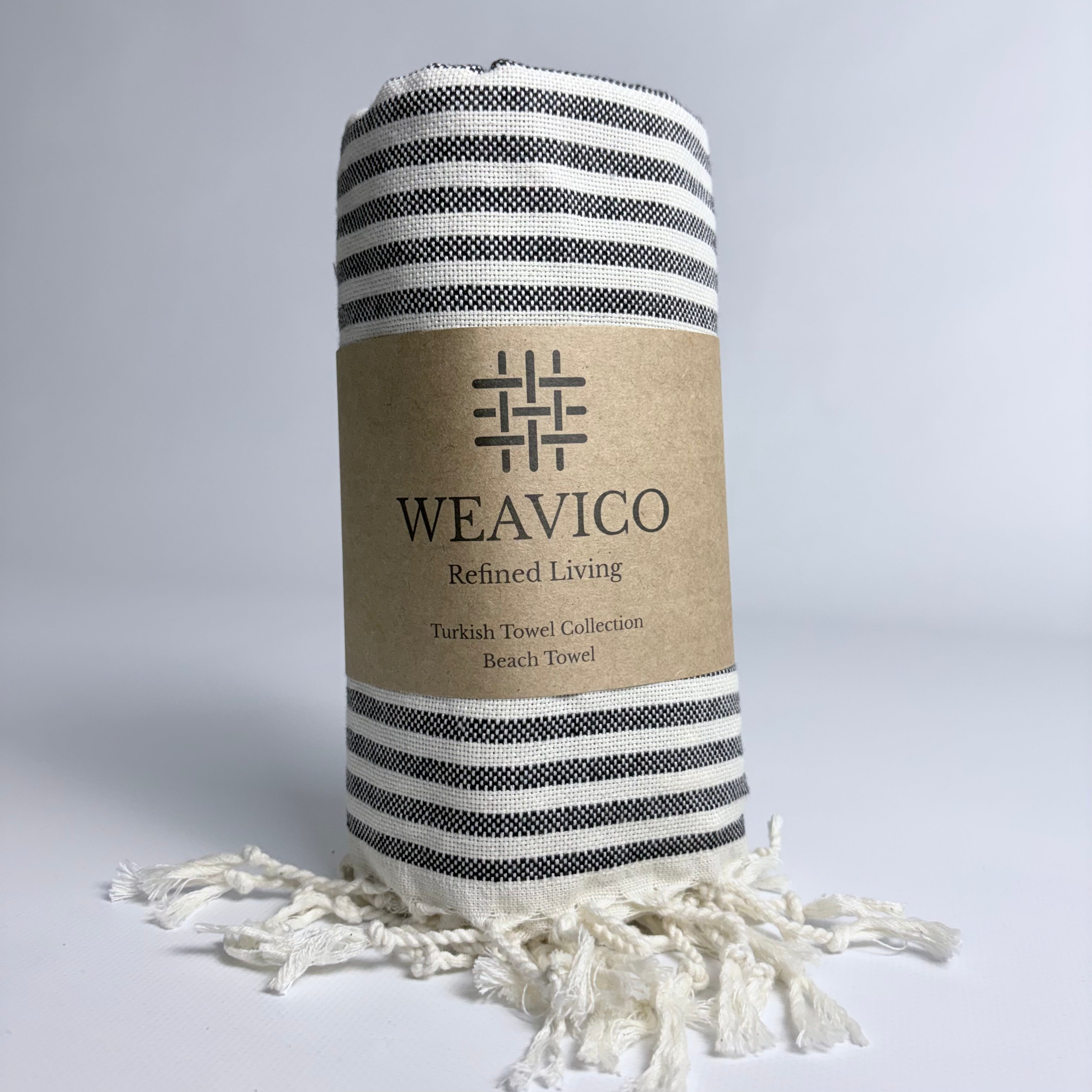 Black and White Stripe Pattern Turkish Towel with Full-Border Design, Tassel detail and Weavico Label