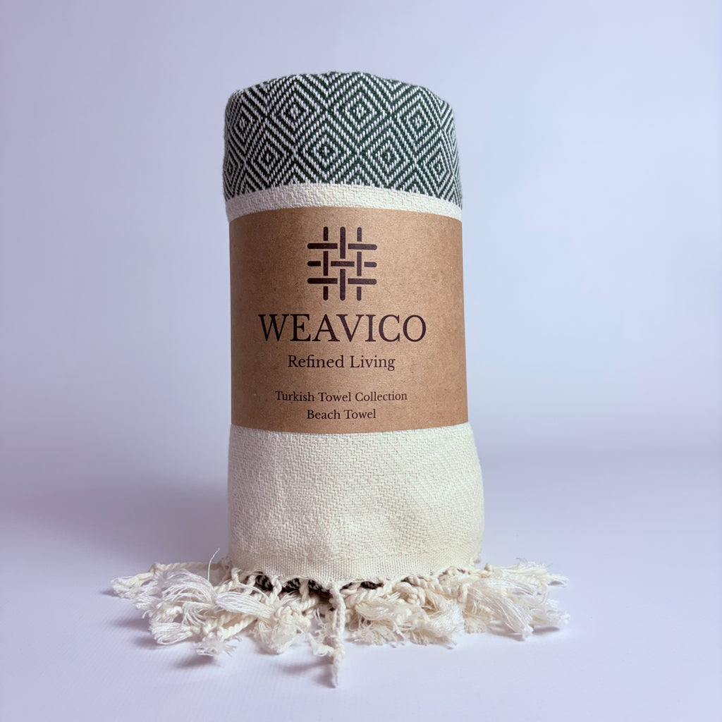 Dark Green and White Diamond Pattern Turkish Towel with End-Border Design and Weavico Label