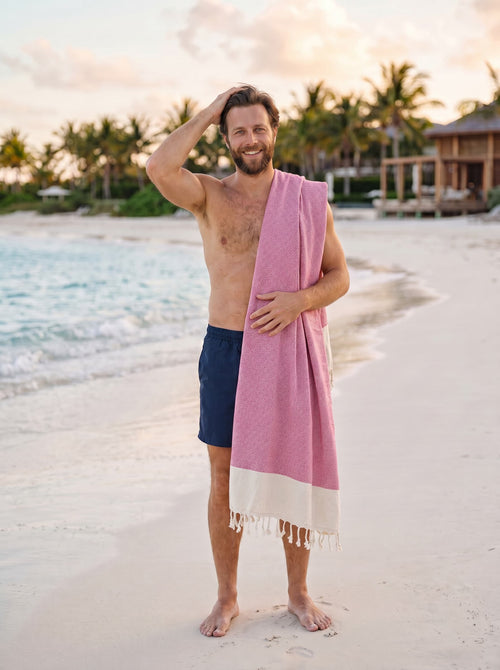 Diamond Turkish Beach Towel with End Border – 100% Cotton, Fuchsia