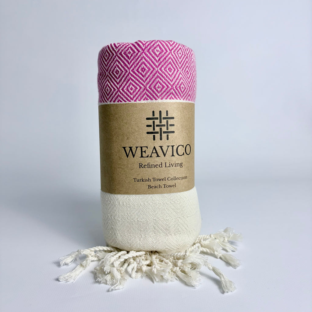 Fuchsia and White Diamond Pattern Turkish Towel with End-Border Design and Weavico Label