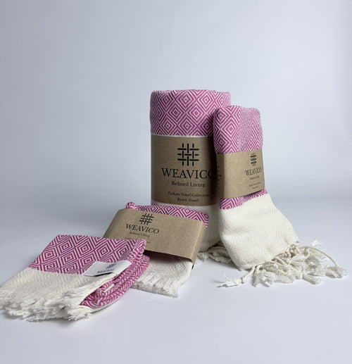 4-piece set of Fuchsia and White Diamond Pattern Turkish Towel with End-Border Design and Weavico Label