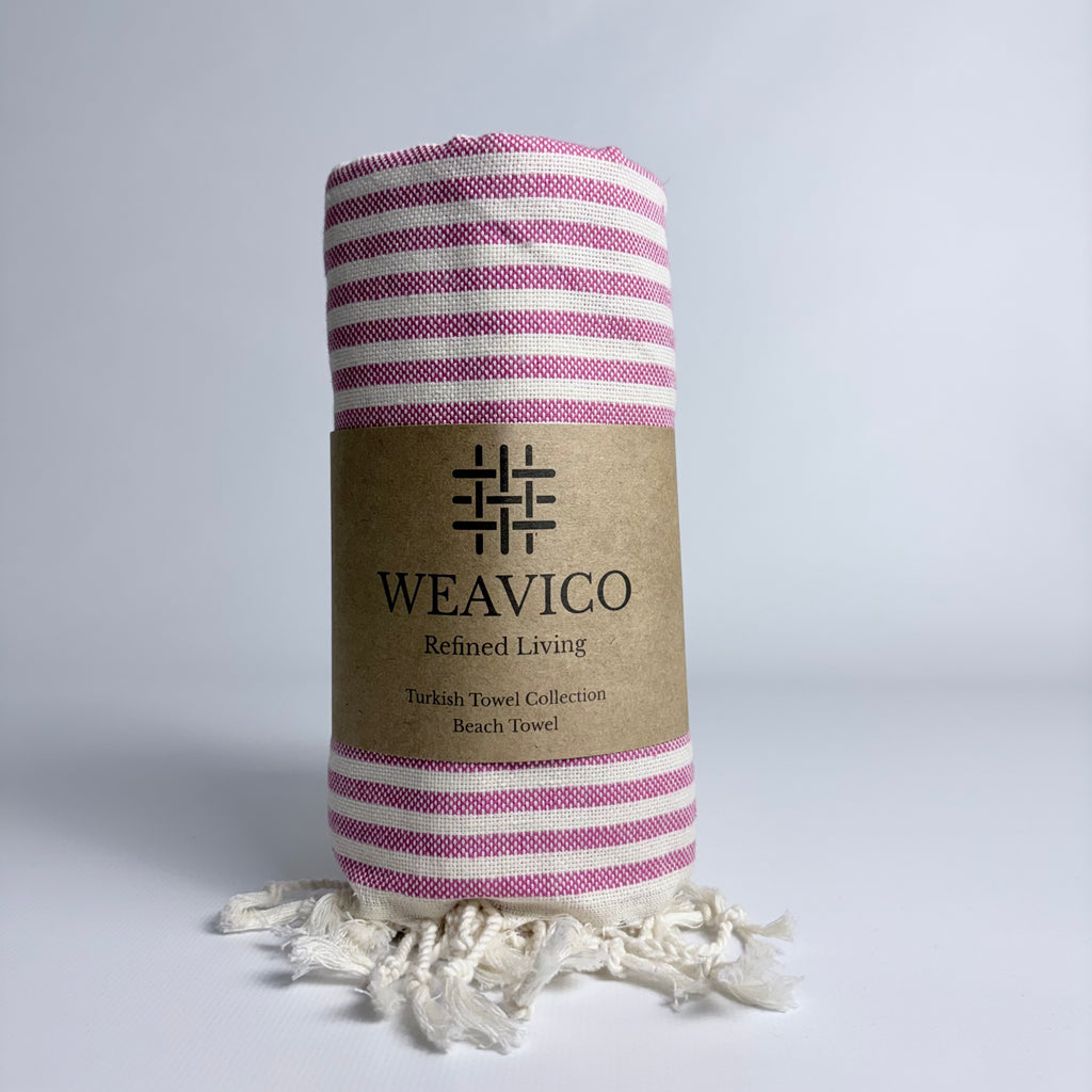 Fuchsia and White Stripe Pattern Turkish Towel with Full-Border Design, Tassel detail and Weavico Label