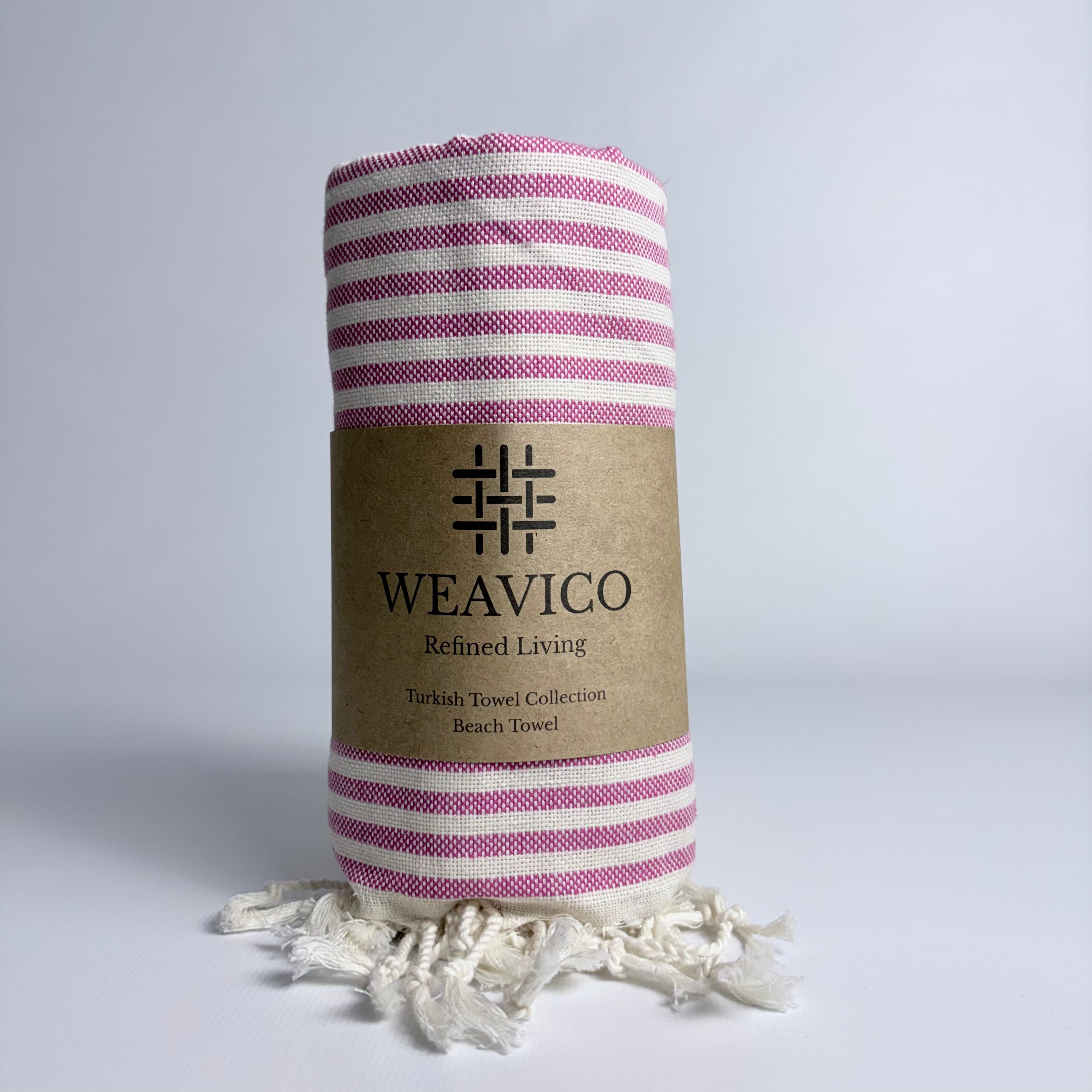 Fuchsia and White Stripe Pattern Turkish Towel with Full-Border Design, Tassel detail and Weavico Label