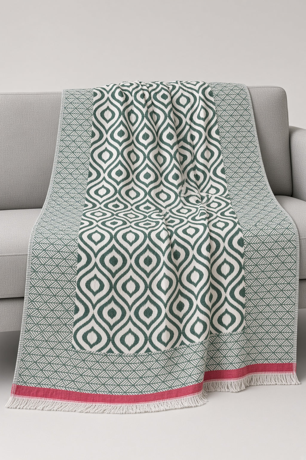Turkish Throw Blanket – 100% Cotton, Green-Red