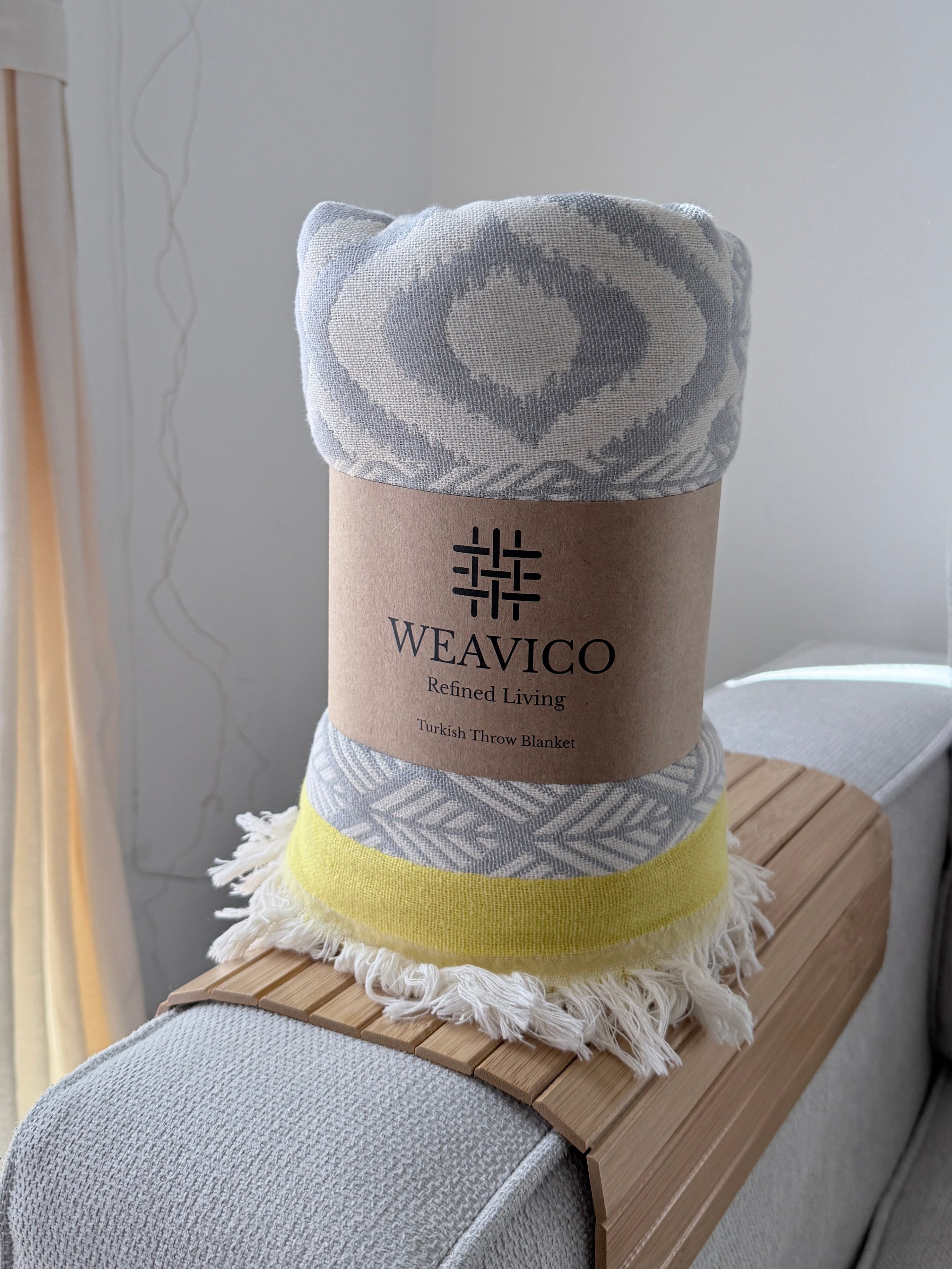Turkish Throw Blanket – 100% Cotton, Grey-Yellow