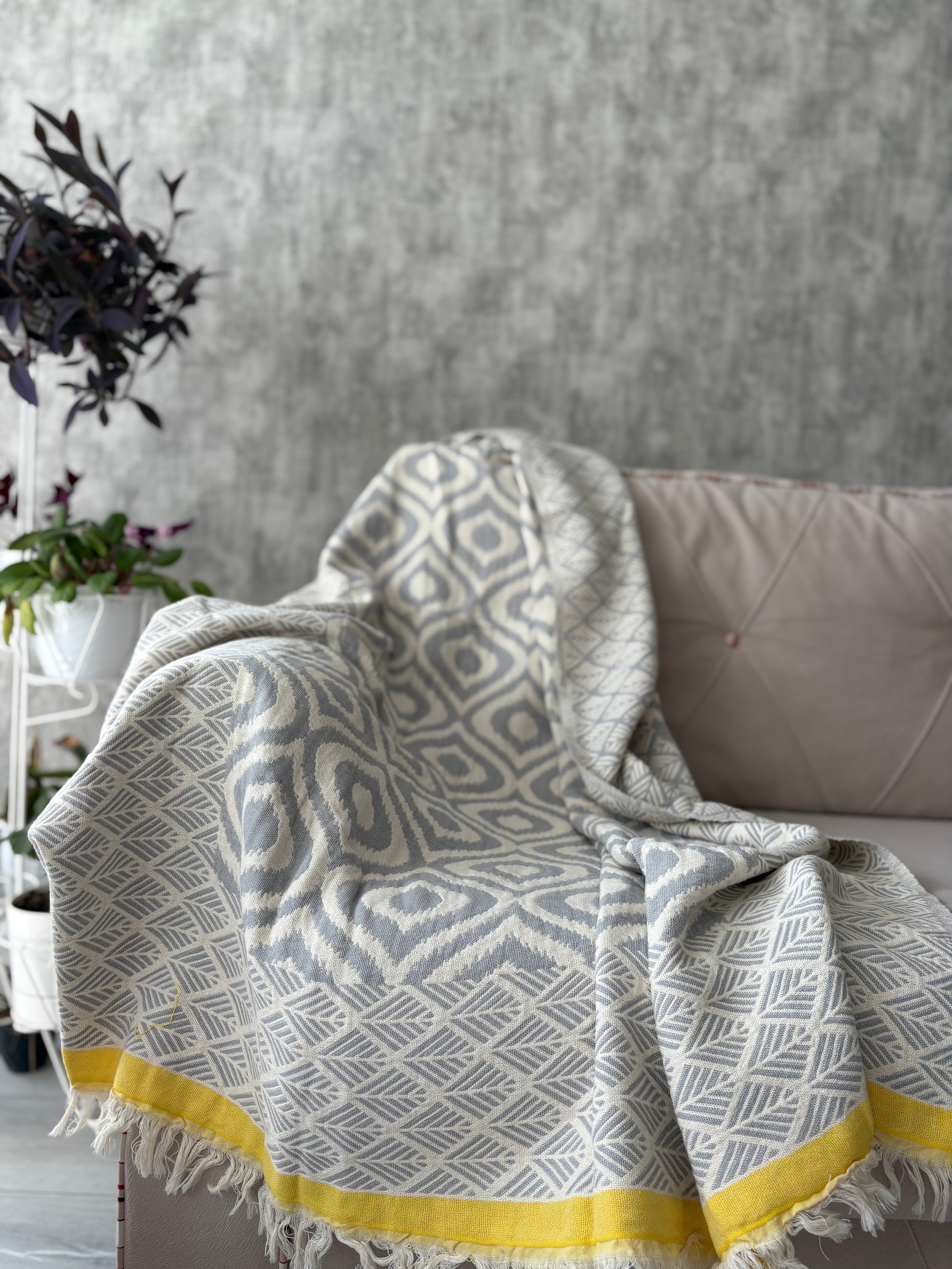 Turkish Throw Blanket – 100% Cotton, Grey-Yellow