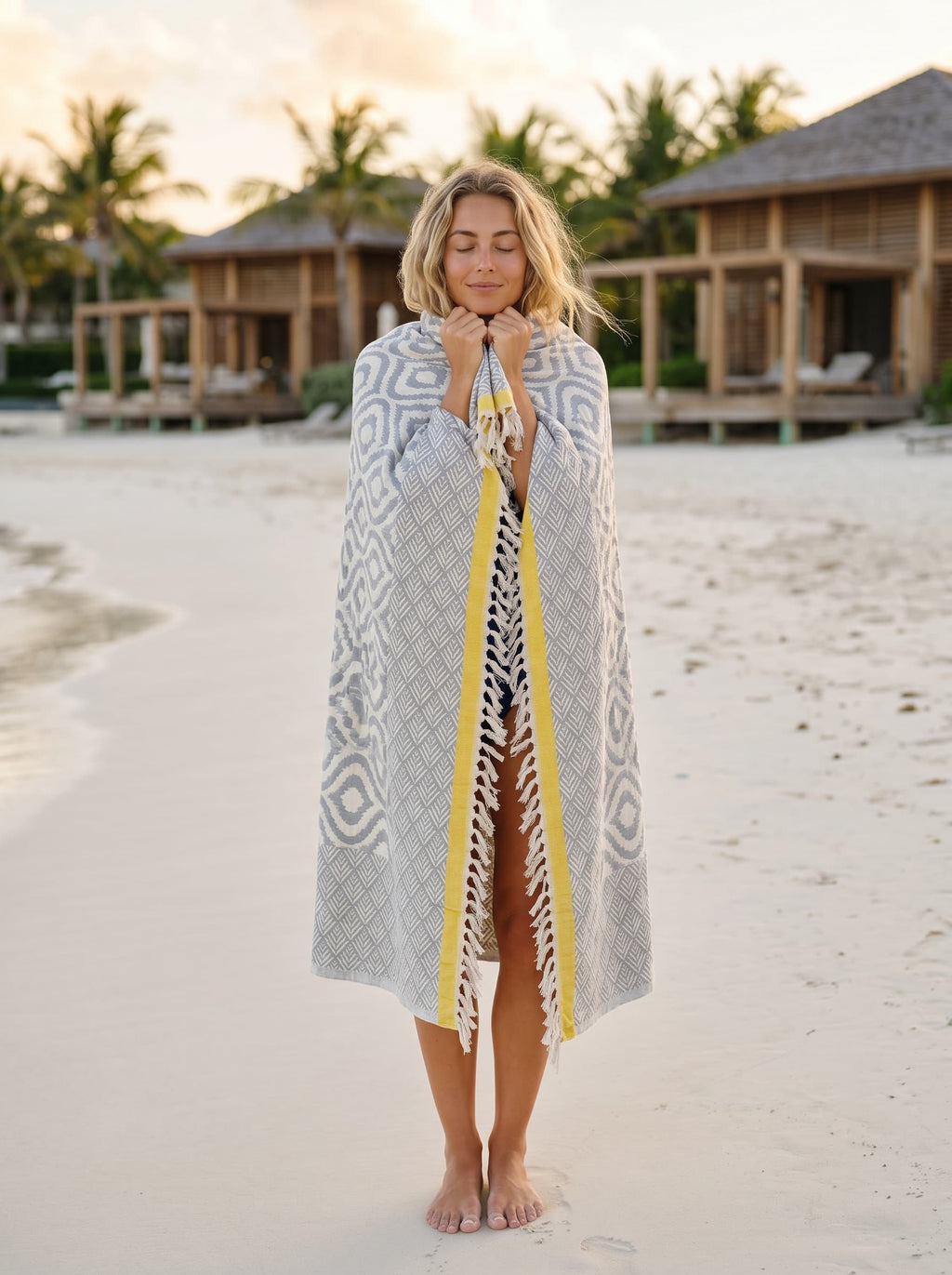 Turkish Throw Blanket – 100% Cotton, Grey-Yellow