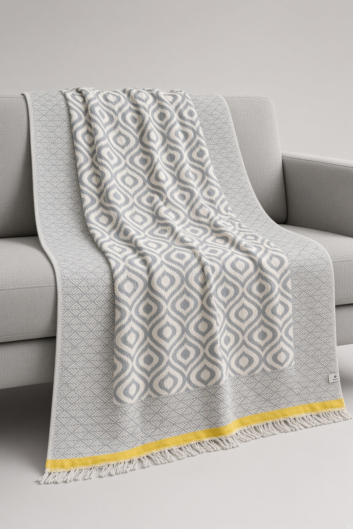 Turkish Throw Blanket – 100% Cotton, Grey-Yellow