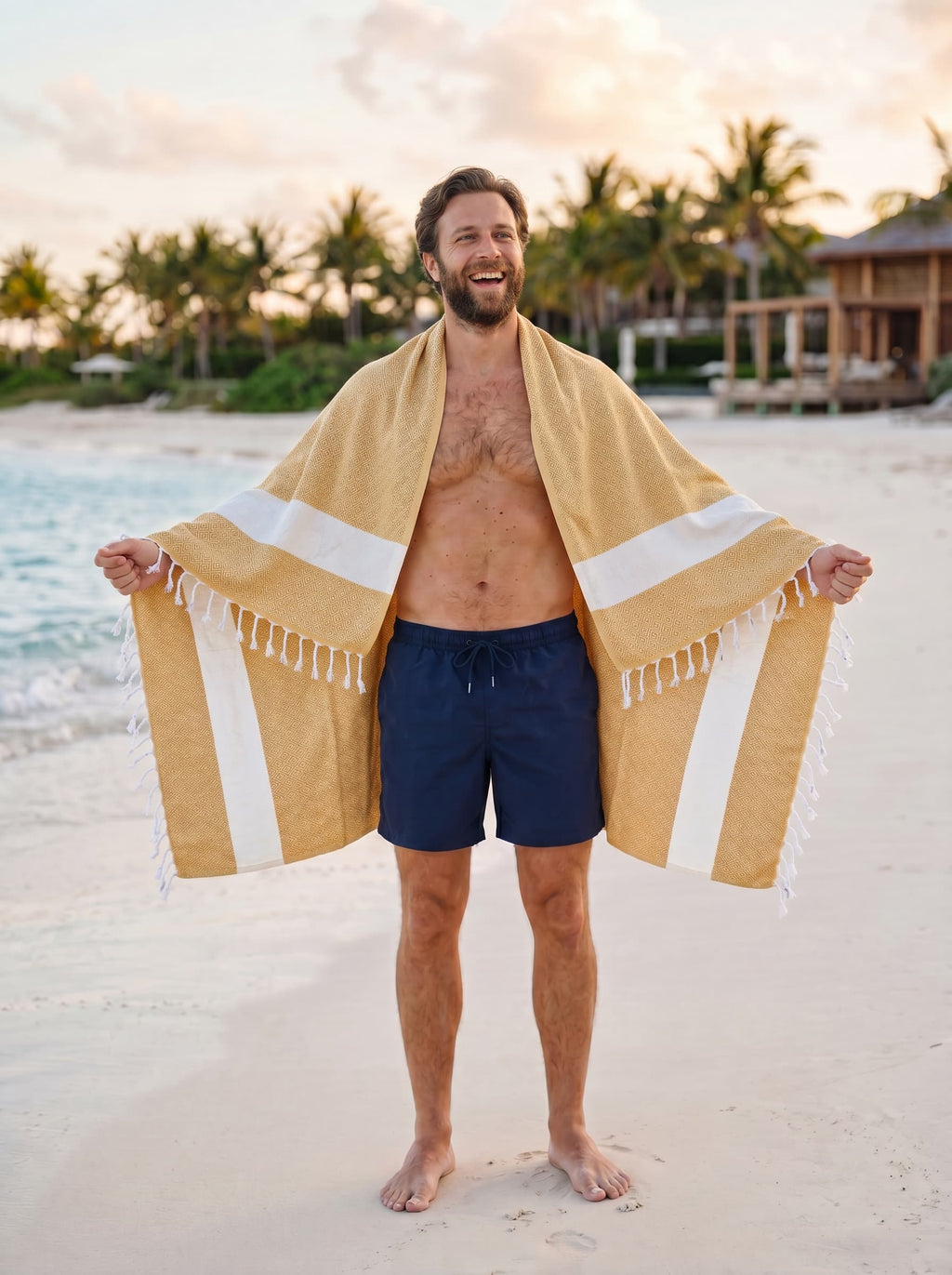 Diamond Turkish Beach Towel with Mid Border – 100% Cotton, Mustard