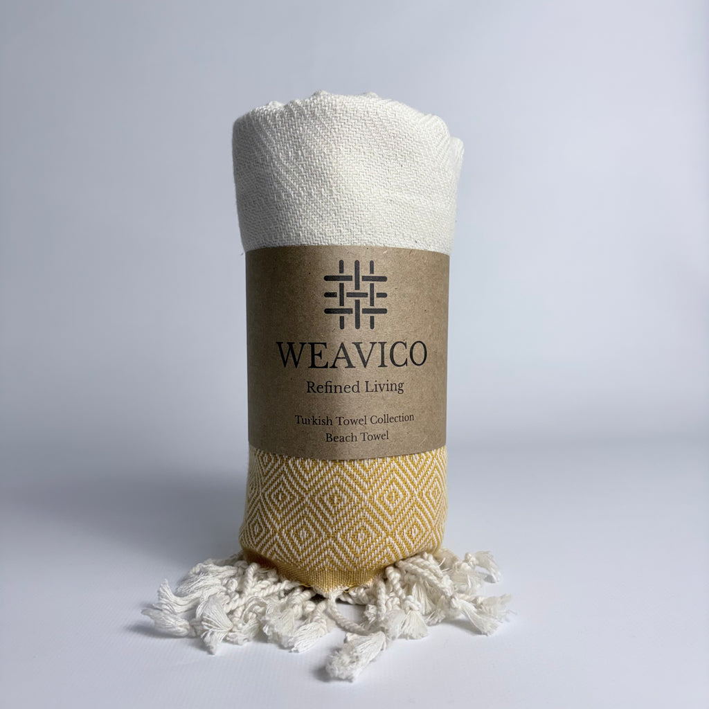 Mustard and White Diamond Pattern Turkish Towel with Mid-Border Design and Weavico Label