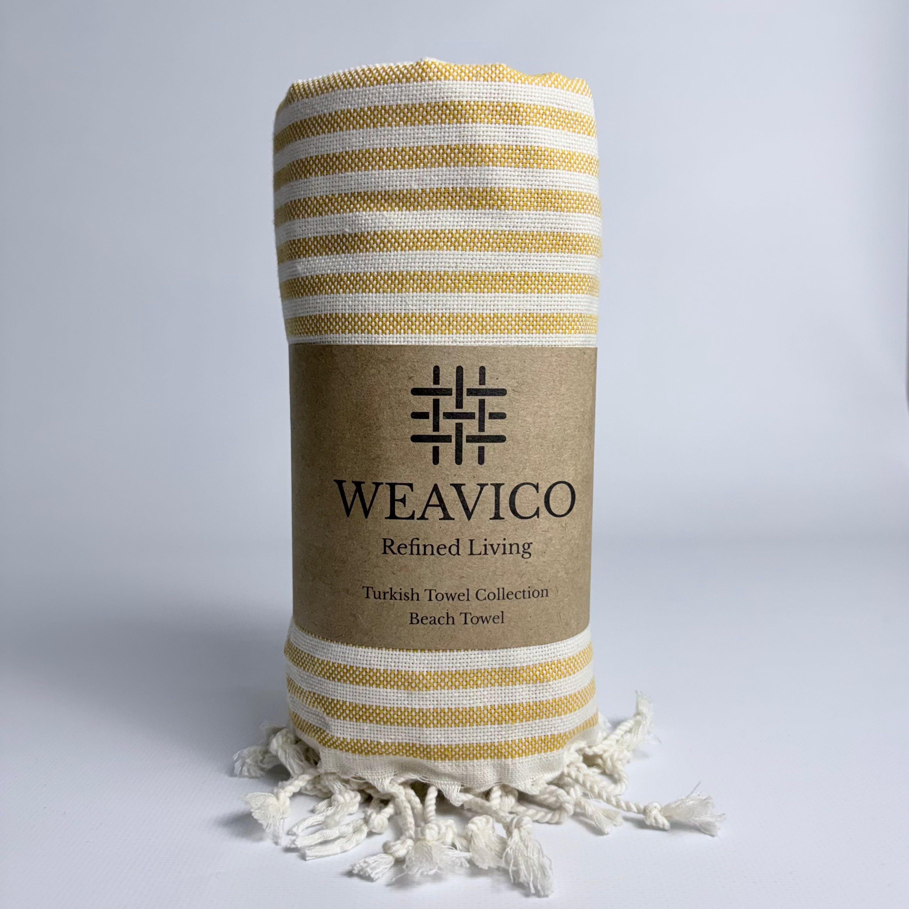 Mustard and White Stripe Pattern Turkish Towel with Full-Border Design, Tassel detail and Weavico Label