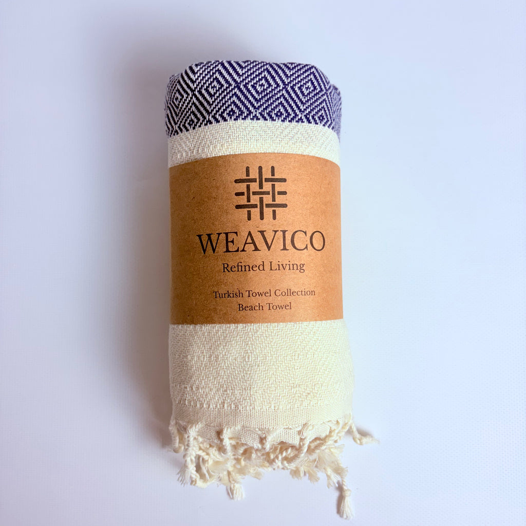 Diamond Turkish Beach Towel with End Border – 100% Cotton, Navy