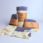 4-piece Navy and White Diamond Pattern Turkish Towel set with end-Border Design and Weavico Label