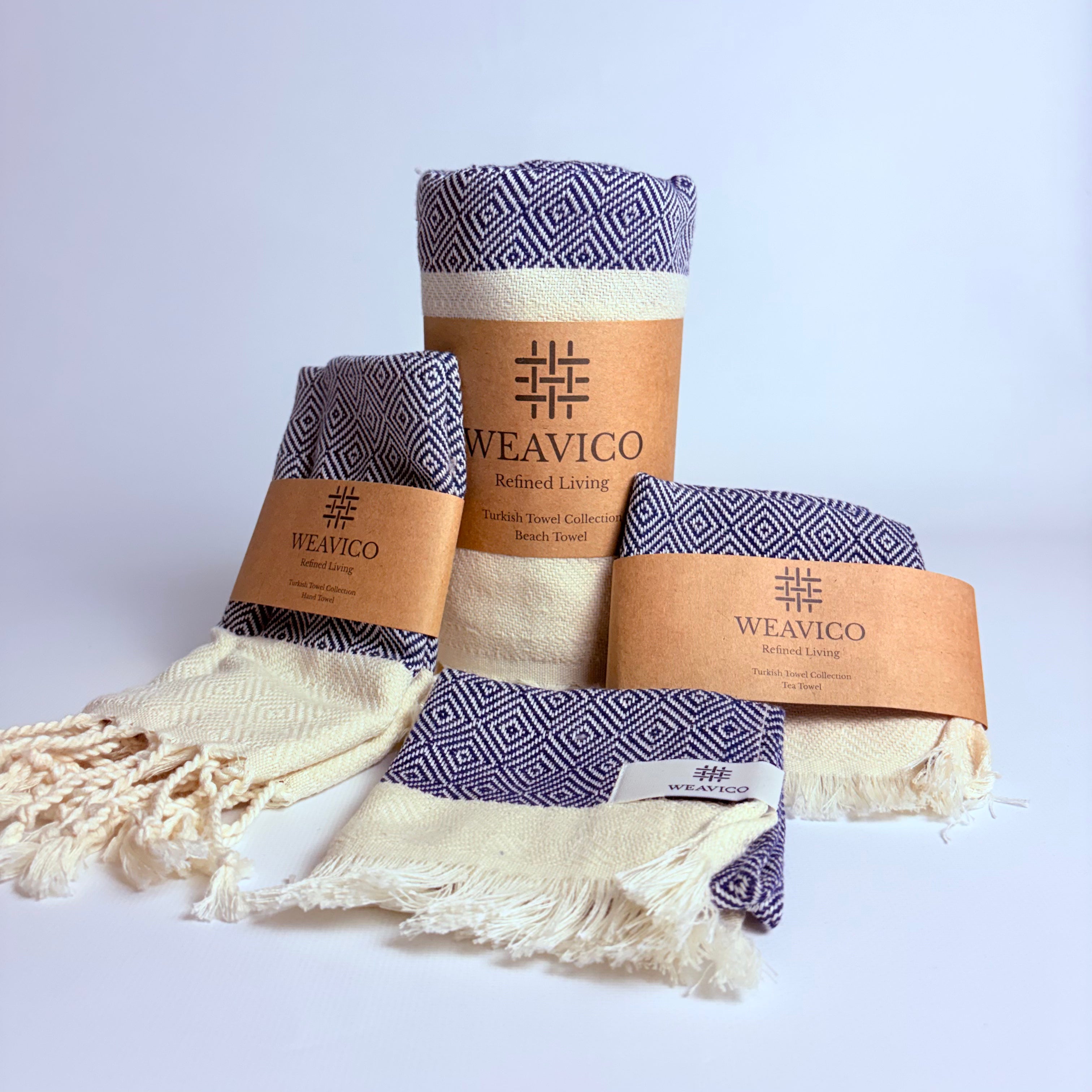 4-piece Navy and White Diamond Pattern Turkish Towel set with end-Border Design and Weavico Label