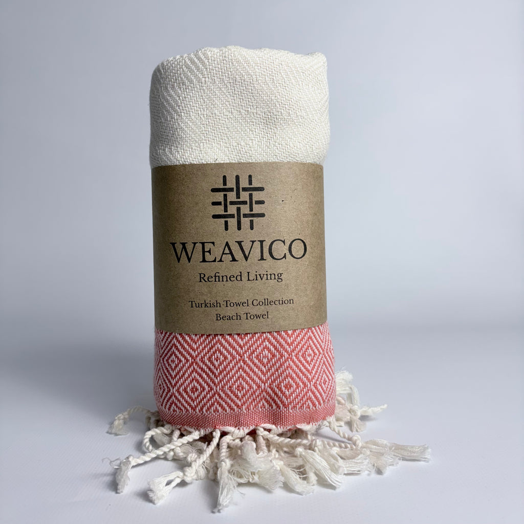 Orange and White Diamond Pattern Turkish Towel with Mid-Border Design and Weavico Label
