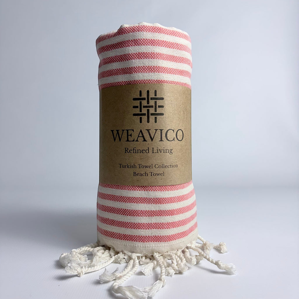 Orange and White Stripe Pattern Turkish Towel with Full-Border Design, Tassel detail and Weavico Label