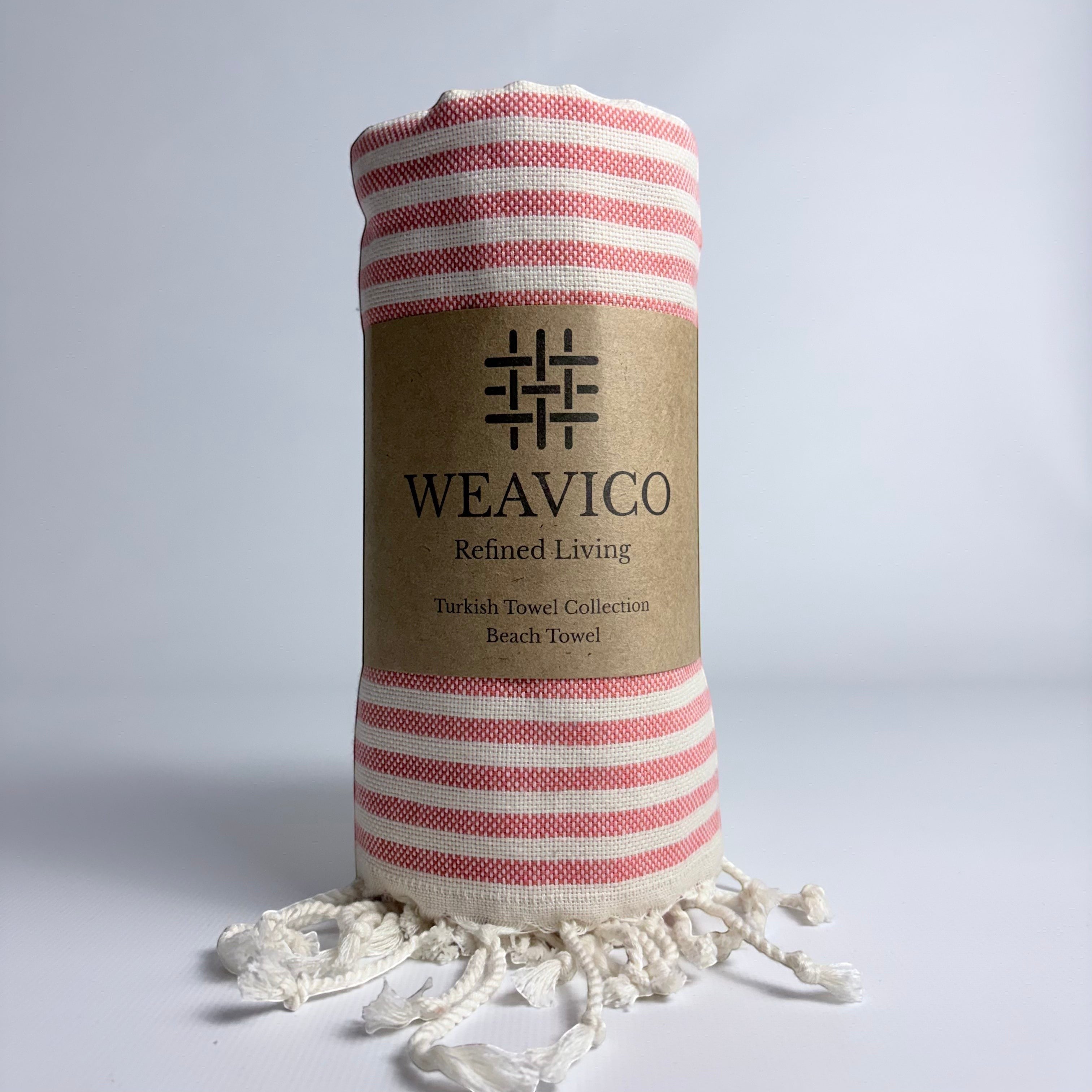 Orange and White Stripe Pattern Turkish Towel with Full-Border Design, Tassel detail and Weavico Label