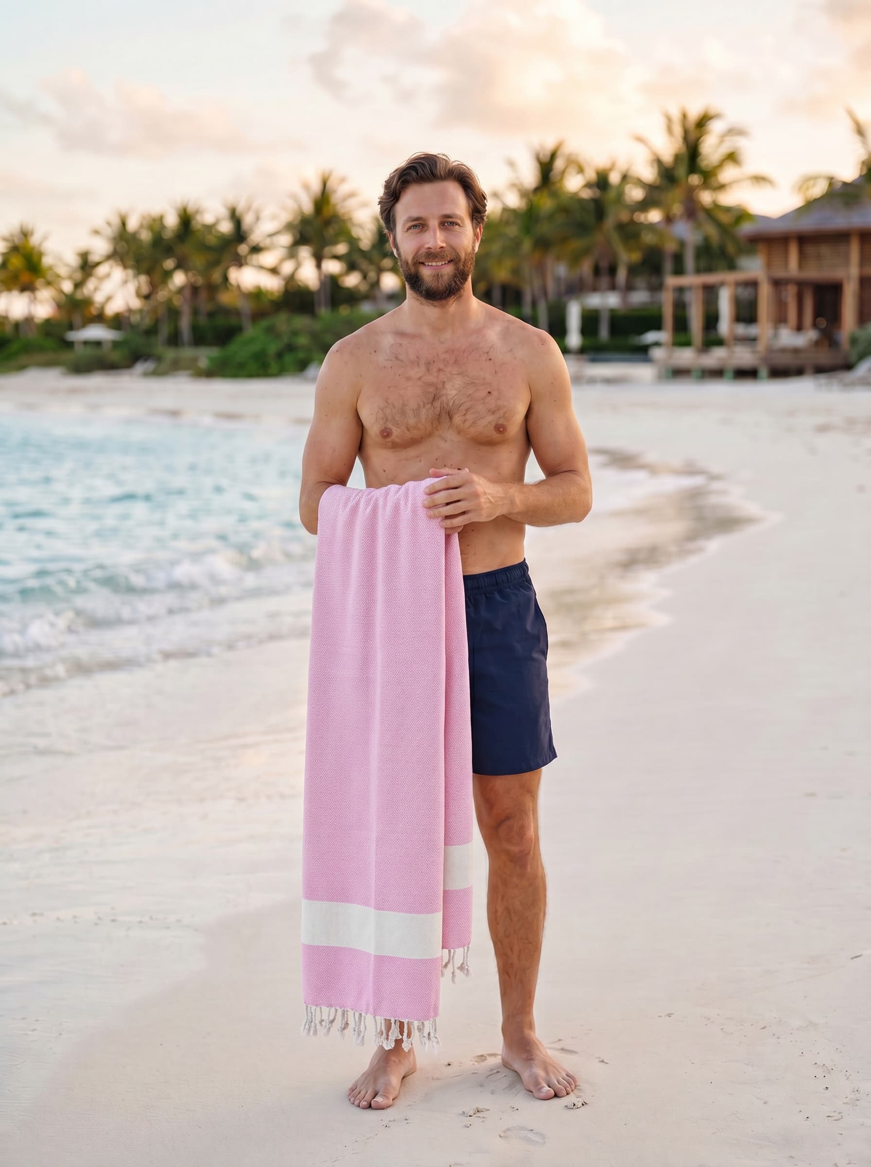 Diamond Turkish Beach Towel with Mid Border – 100% Cotton, Pink