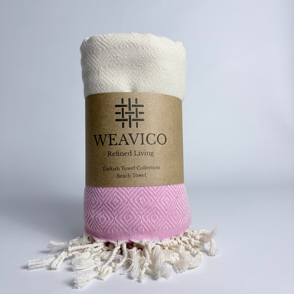 Pink and White Diamond Pattern Turkish Towel with Mid-Border Design and Weavico Label