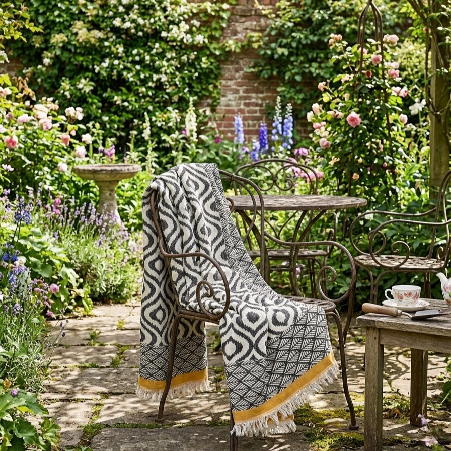 black and mustard color throw blanket is on a chair. the throw is stripe pattern with fringes.