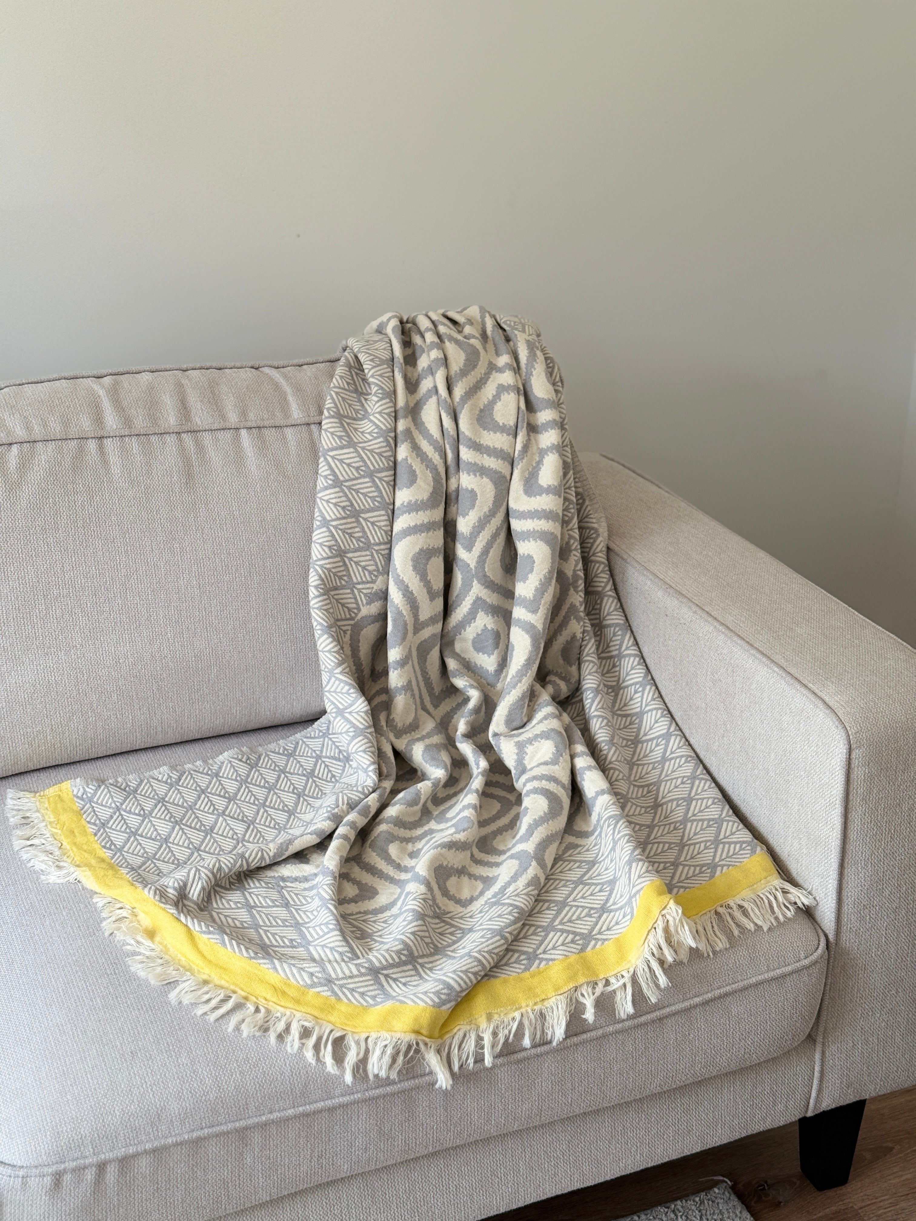 Turkish Throw Blanket – 100% Cotton, Grey-Yellow