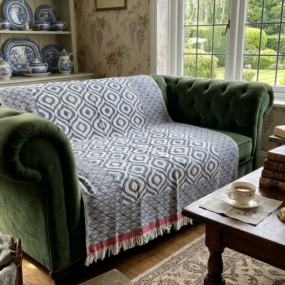 Navy and white patterned throw blanket on green chesterfield sofa, featuring fringe detail and cozy design.