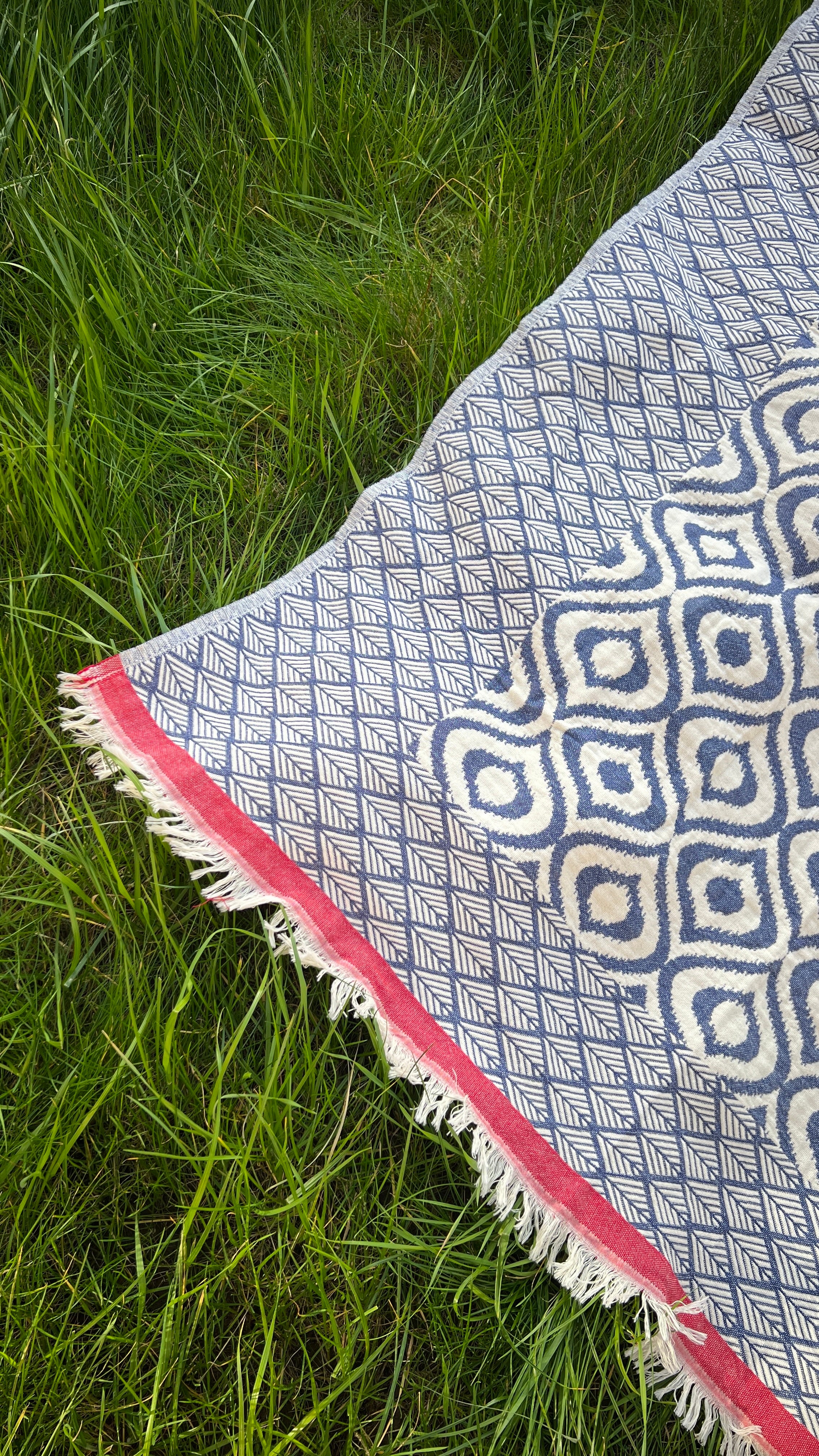 Blue patterned cotton rug with red trim and fringes, perfect for outdoor or indoor decor.
