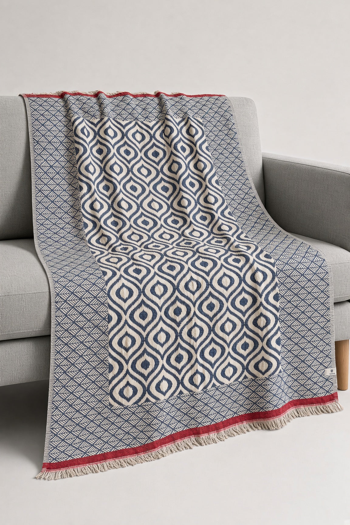 Turkish Throw Blanket – 100% Cotton, Navy-Red