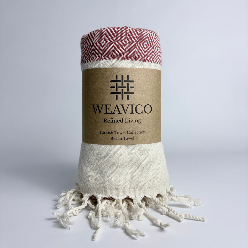 Terracotta and White Diamond Pattern Turkish Towel with End-Border Design and Weavico Label