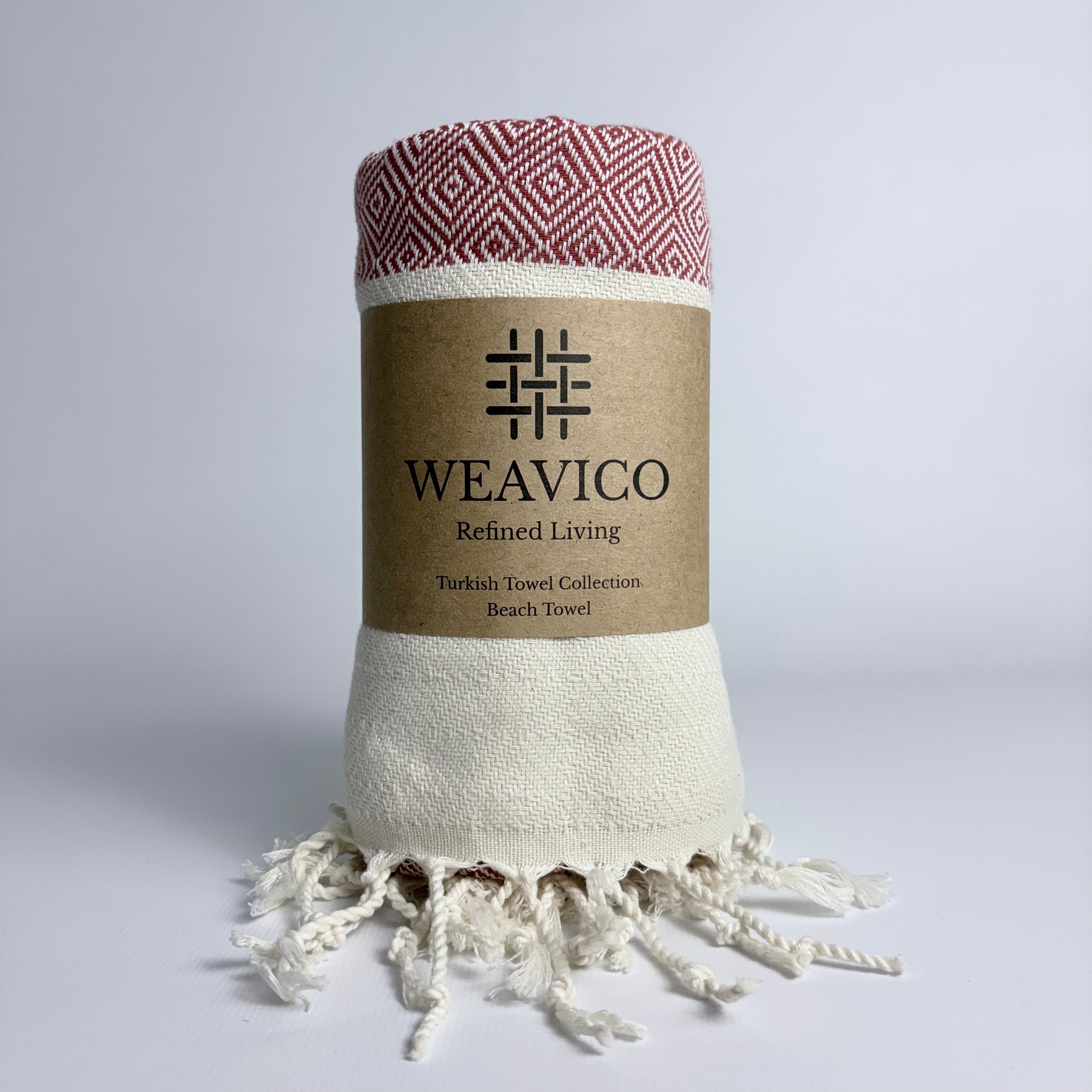 Terracotta and White Diamond Pattern Turkish Towel with End-Border Design and Weavico Label