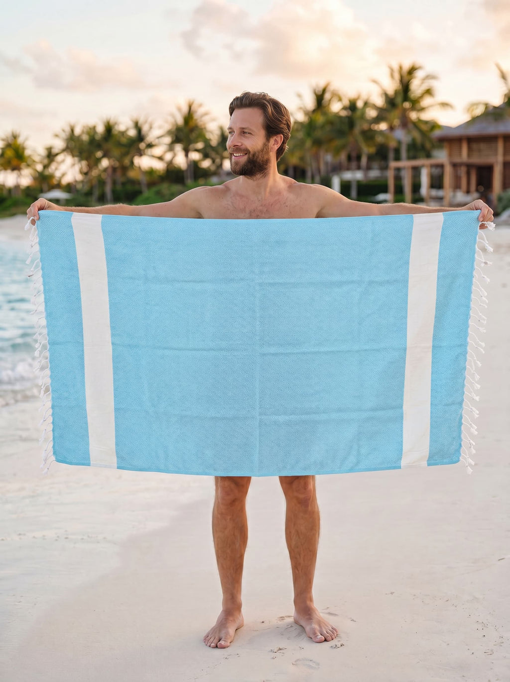 Diamond Turkish Beach Towel with Mid Border – 100% Cotton, Turquoise