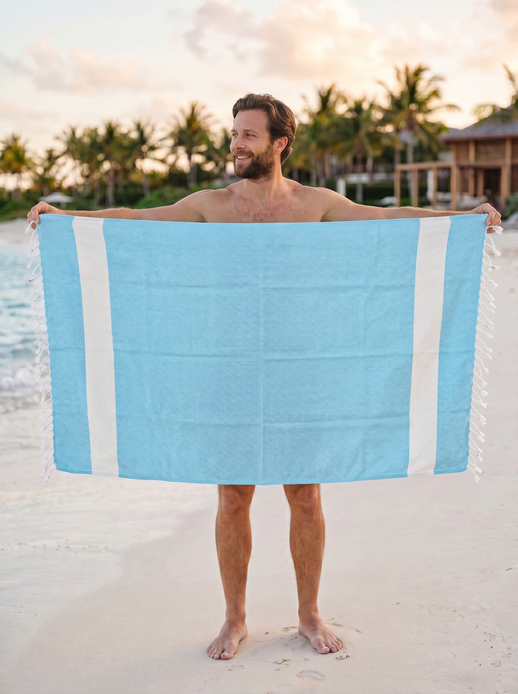 Diamond Turkish Beach Towel with Mid Border – 100% Cotton, Turquoise