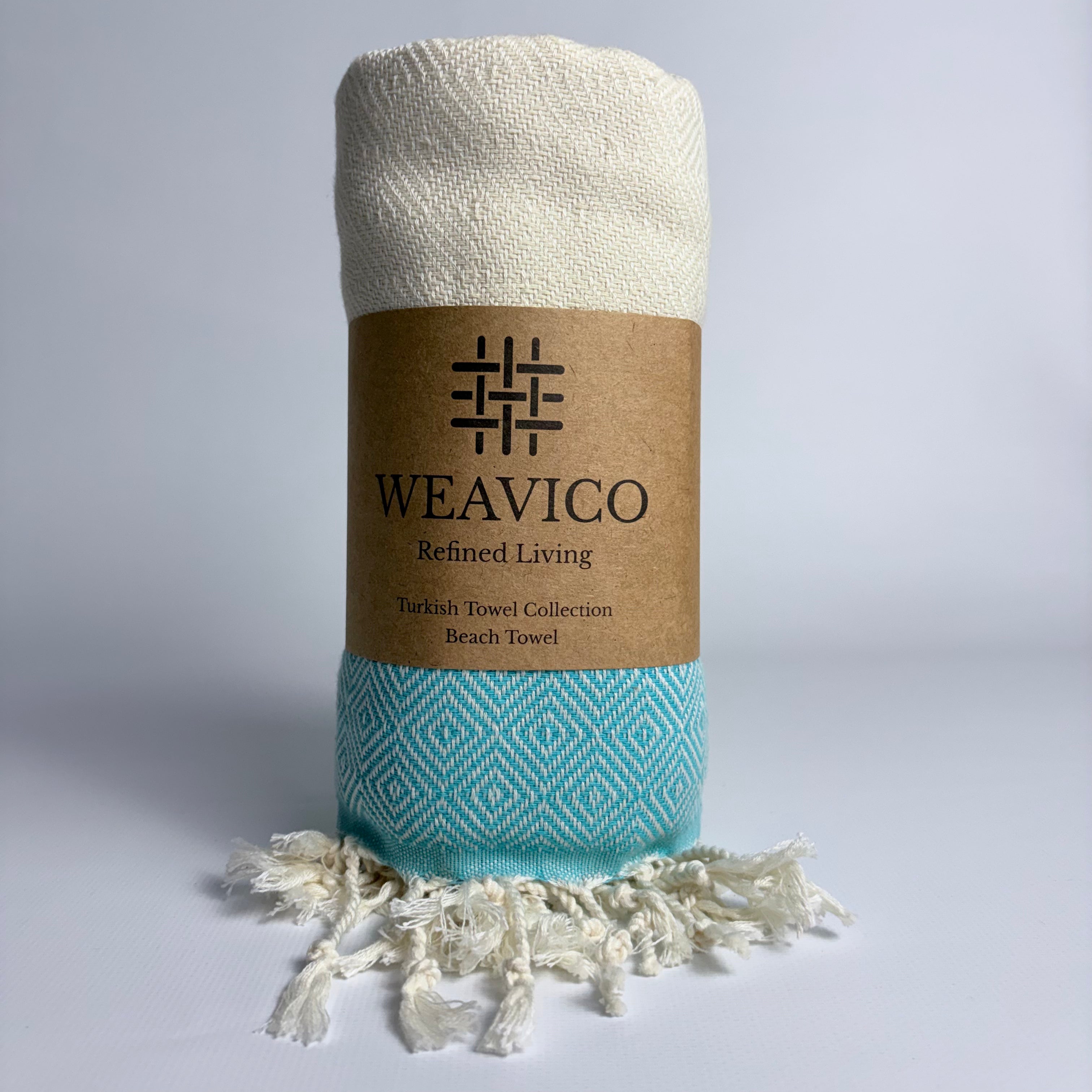 Rolled, Turquoise Color and Diamond Pattern Turkish Towel with stylish mid-border design
