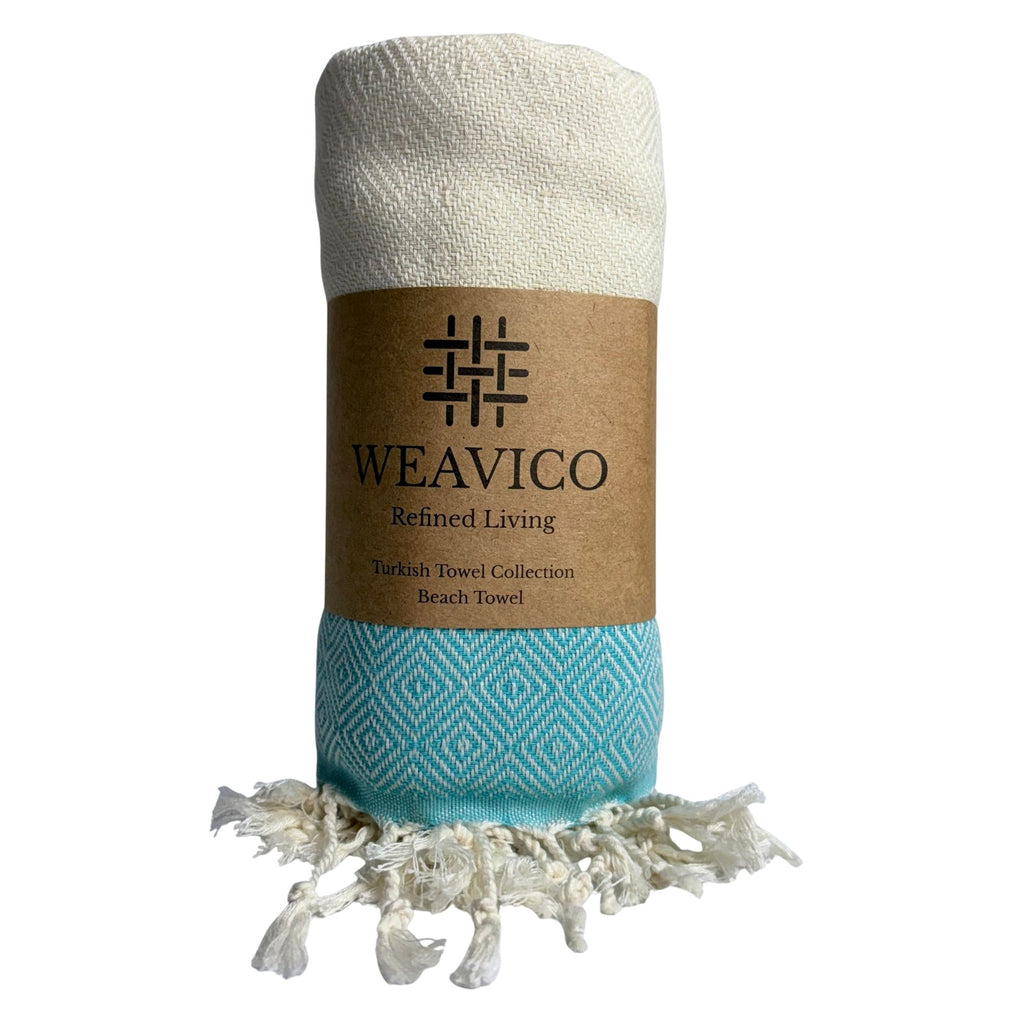 Diamond Turkish Beach Towel with Mid Border – 100% Cotton, Turquoise