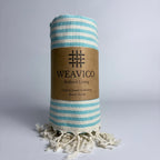 Turquoise and White Stripe Pattern Turkish Towel with Full-Border Design, Tassel detail and Weavico Label