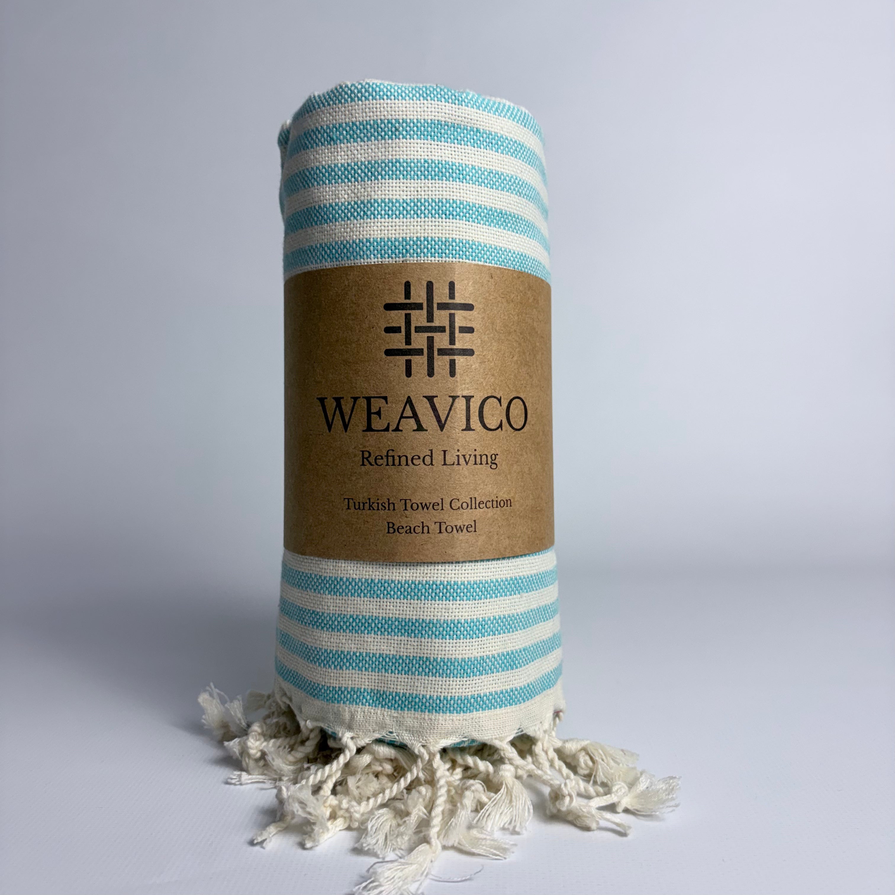 Turquoise and White Stripe Pattern Turkish Towel with Full-Border Design, Tassel detail and Weavico Label